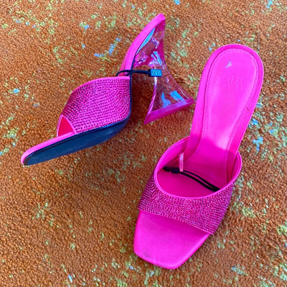 Pink Clear Heel Rhinestoned Zara Slip-on Heels